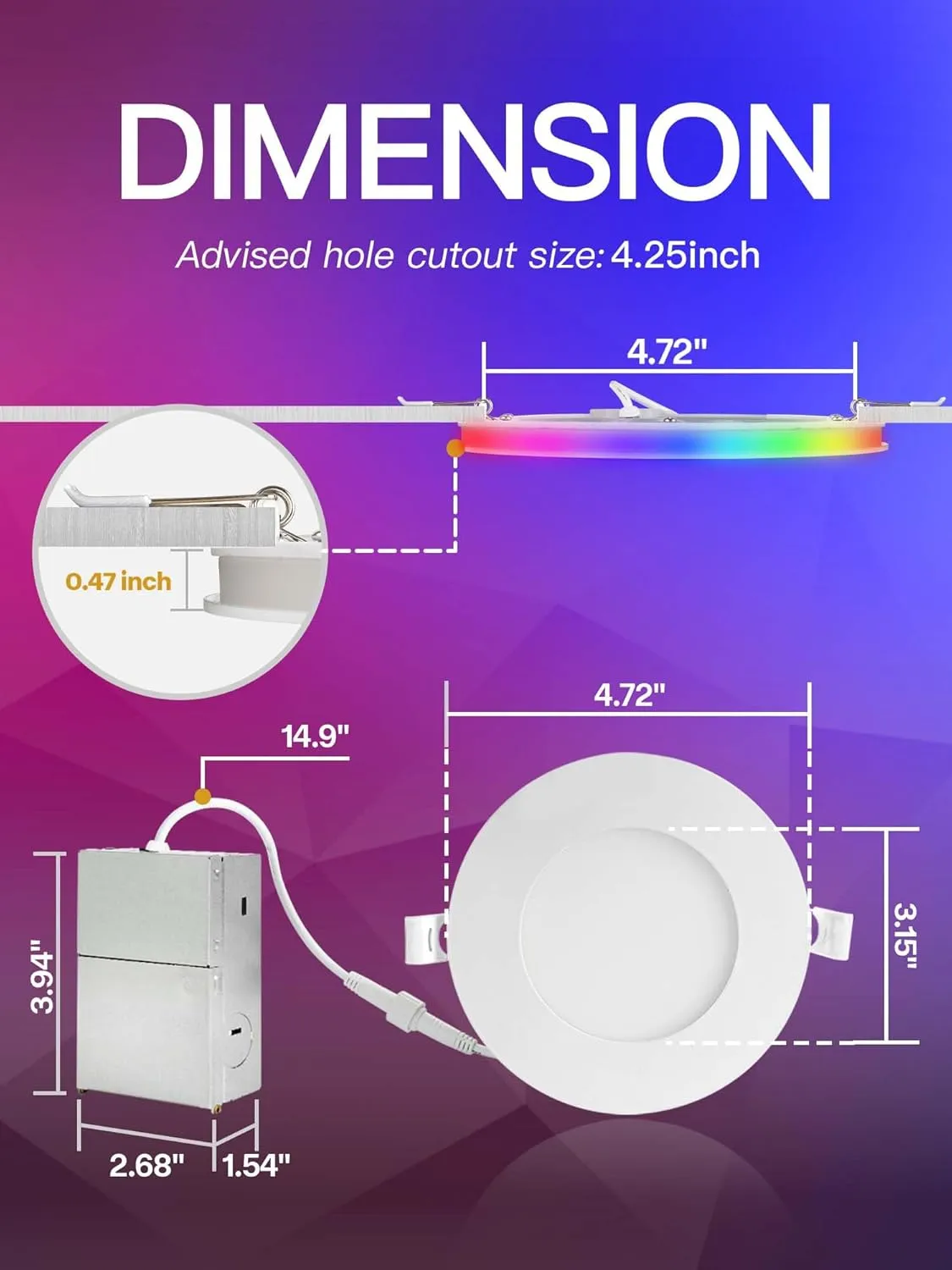 12 Pack 4 Inch Smart LED Recessed Lighting with RGB Back Light, 9W 850LM Smart LED Recessed Lights with Junction Box, 2700K-6000K Color Changing Work with Google Assistant/Siri, Hub INCL