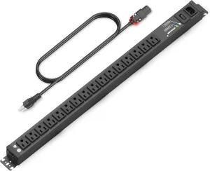 16 Outlet Heavy Duty Surge Protector Power Strip, 15A/125V with Switch, 5-15R Outlets, 6 Ft 5-15P to Auto-Lock Power Cable, Aluminum Alloy Mountable Power Strip for Home, Office, Garage