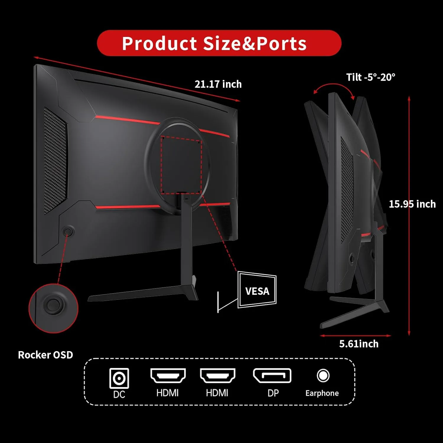 24 inch 1500R Curved Gaming Monitor 165Hz 1ms FHD 1080p VA Tilt Adaptive Sync HDR 110% sRGB DP/HDMI,VESA for Gaming Home Office Business PS5 PC Monitors