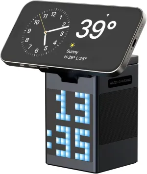 3-in-1 Wireless Charging Station with Bluetooth Speaker & Alarm Clock Qi1 15W USB Portable Magnetic Fast Charger for Multiple Devices Pixel Display FCC Certified Bedside & Desk Organizer (Black)