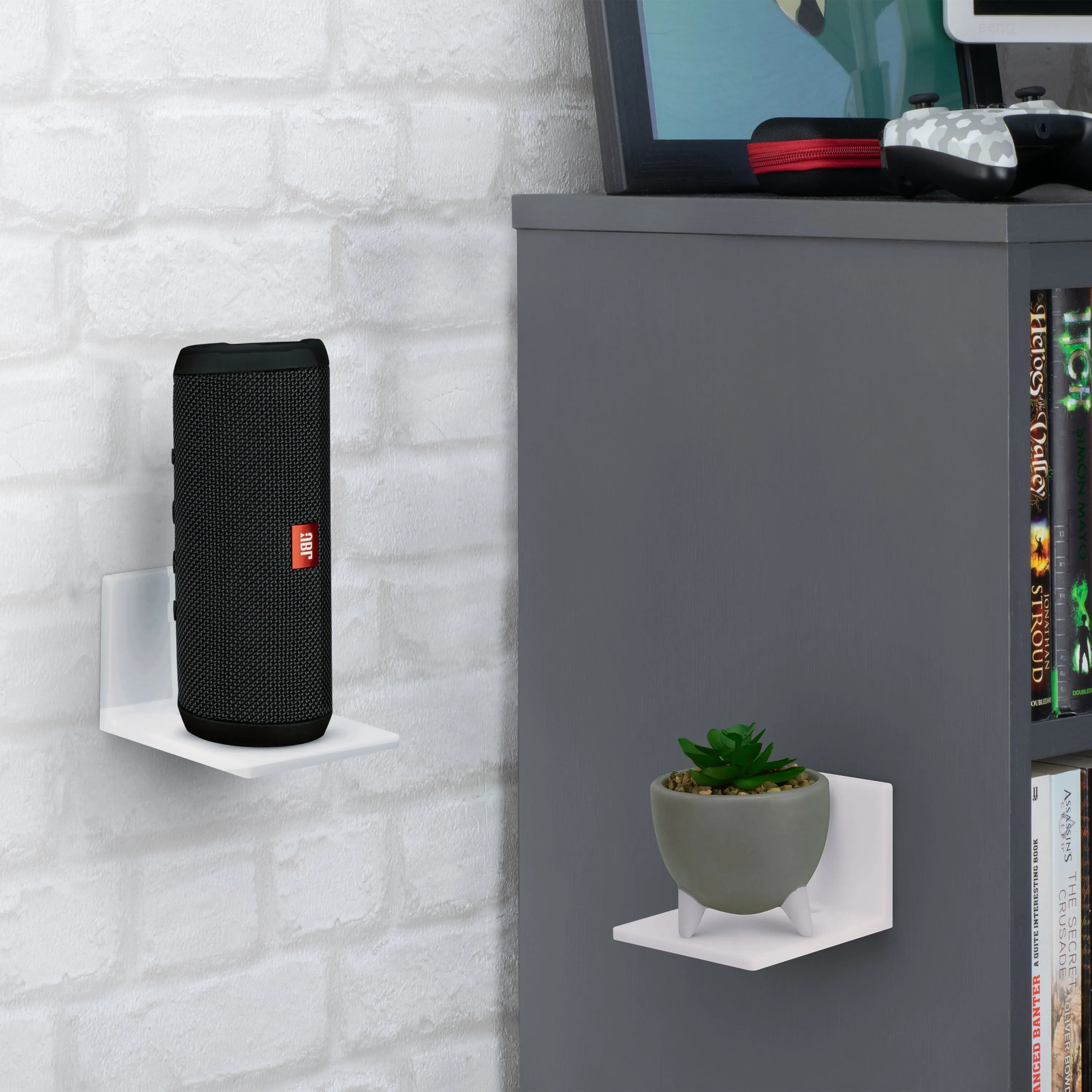 3.5 Small Floating Shelf Speaker & Camera Stand, Self Adhesive, No Screws Wall Mount For Cameras Baby Monitors Webcams