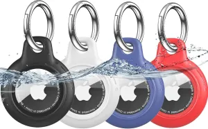 4 Pack Waterproof for Apple Airtag Holder, for Apple Air Tags with All Metal Keychain Key Ring, Hard PC TPU Scratch-Resistant for Airtags Case for Apple Air Tags(Black/White/Blue/Red)
