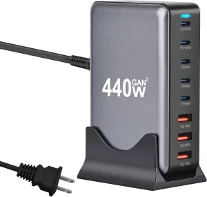 440W USB C Fast Charger Block, 8 Port Charging Station, GaN  Multi Port Charging Station Hub for Multiple Devices, Multiport USB Charger Station Compatible with MacBook iPhone iPad Dell