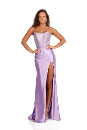 Abby Paris 90255 Size 0 Lilac Crystal Corset Prom Dress Fitted Ruched Maxi Slit Formal Gown Strapless