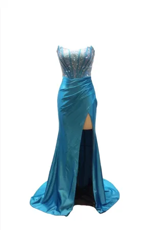 Abby Paris 90255 Size 2, 10 Aqua Crystal Corset Prom Dress Fitted Ruched Maxi Slit Formal Gown Strapless