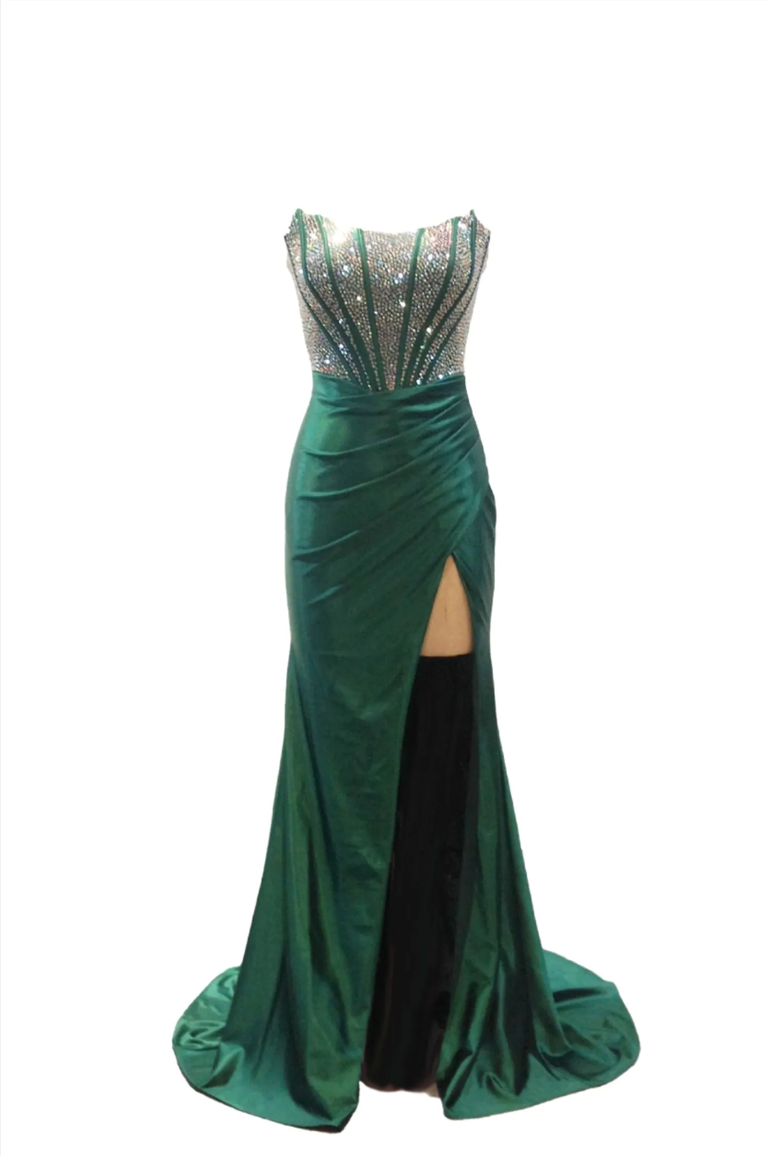 Abby Paris 90255 Size 2, 8 Emerald Crystal Corset Prom Dress Fitted Ruched Maxi Slit Formal Gown Strapless