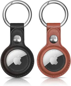 Air Tag Keychain for Apple Airtags Holder,2 Pack Protective Leather Airtags Case Tracker Cover with Air Tag Holder, Airtag Key Ring Compatible with Apple New AirTag Dog CollarBlack Brown