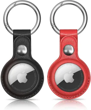 Air Tag Keychain for Apple Airtags Holder,2 Pack Protective Leather Airtags Case Tracker Cover with Air Tag Holder, Airtag Key Ring Compatible with Apple New AirTag Dog CollarBlack Red