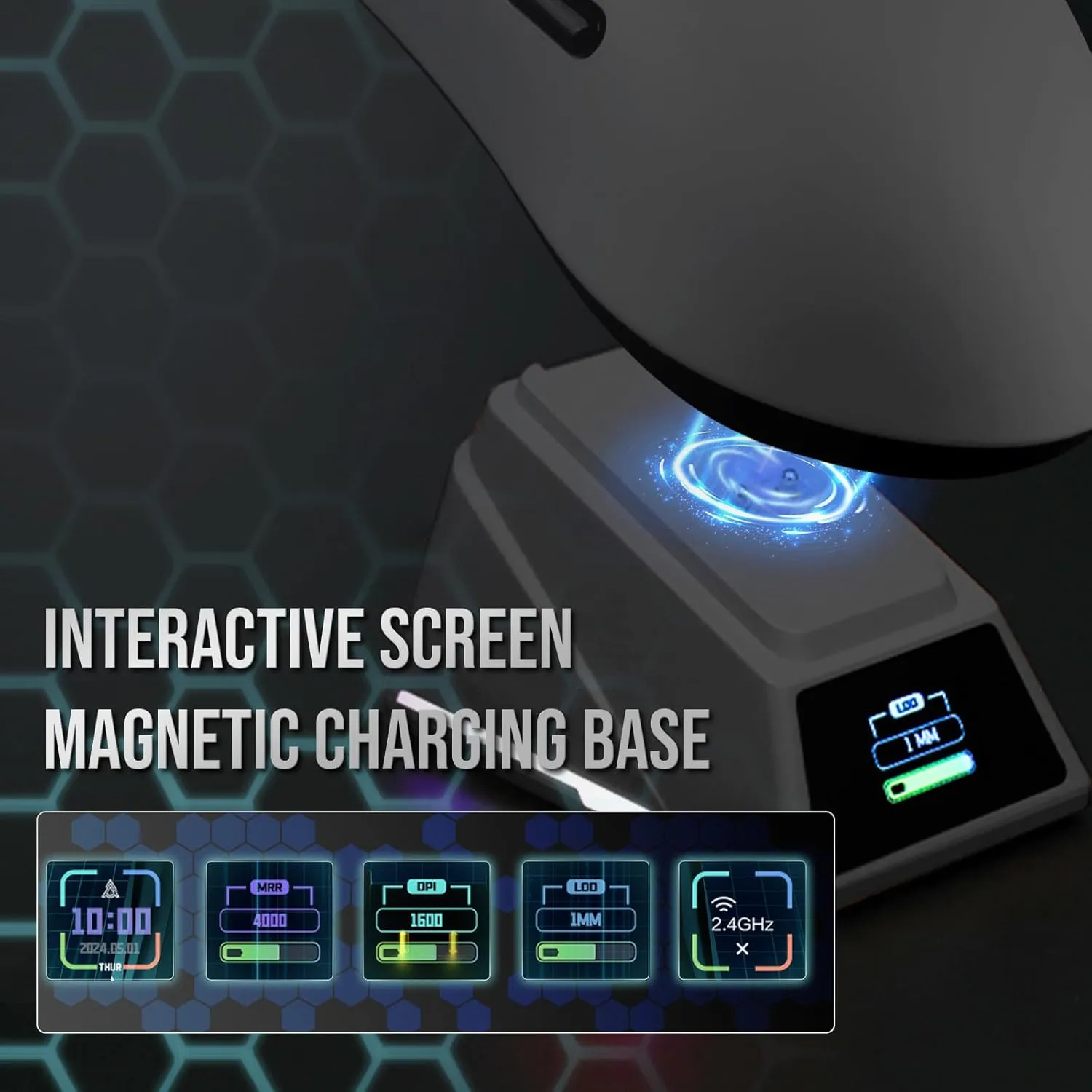 AJ159 APEX Wireless Mouse, Lightweight Gaming Mice, with Magnetic Charging Design and Display Screen, 42000 DPI, PAW3950 Sensor, BT/2.4G/Wired Connection, 400mAh Battery (Black)