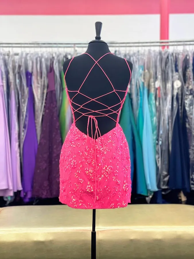Amarra 87129 Size 12 Neon Pink Short Dress Fitted Cocktail Dress Backless Corset Formal Gown