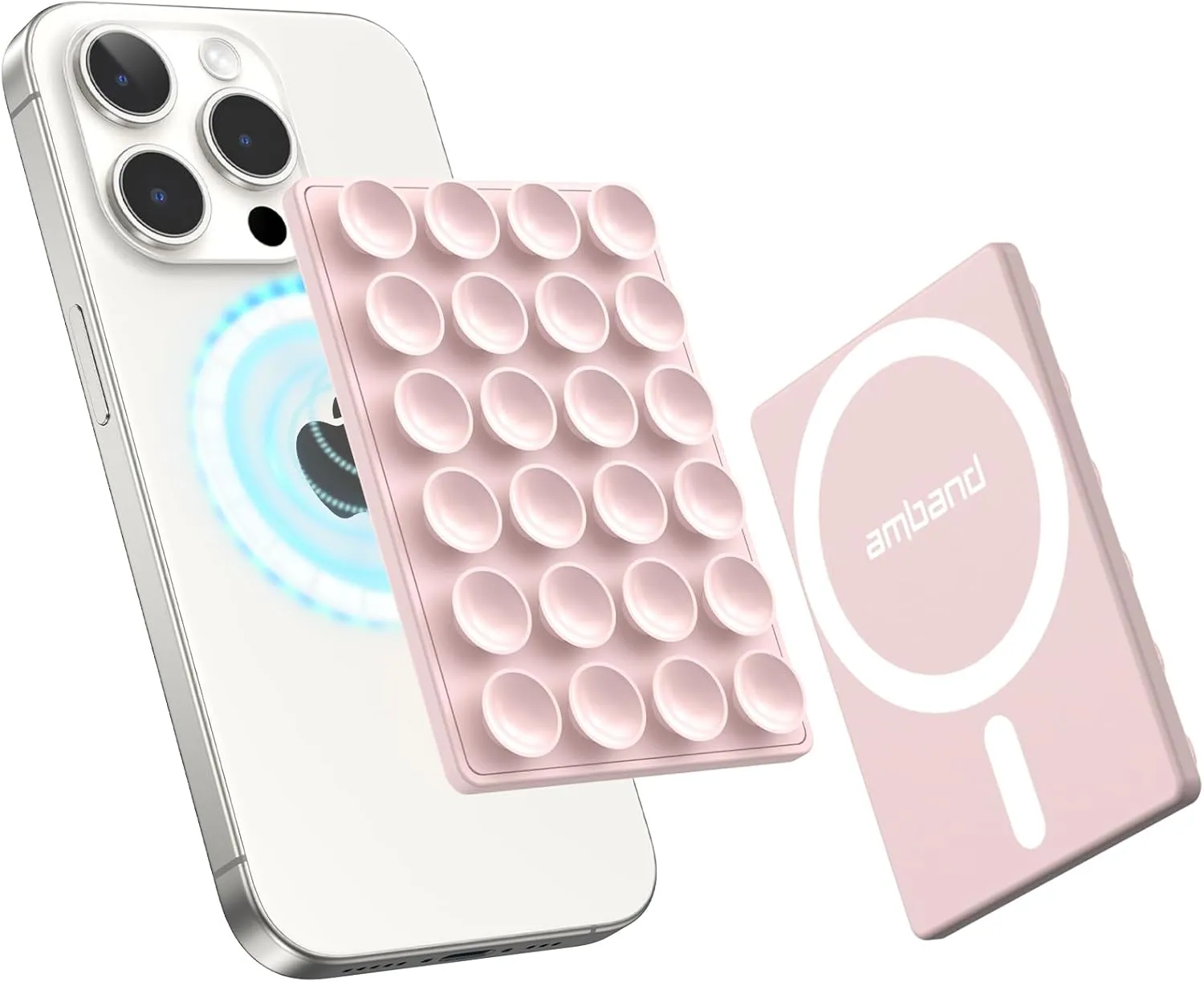 amBand Magnetic Suction Phone Mount for MagSafe Case, Silicone Octo Cup Buddy Sticky Grip Holder for iPhone, Removable Hands-Free Selfie/Video for TikTok Influencers, Women Gift, Light Pink