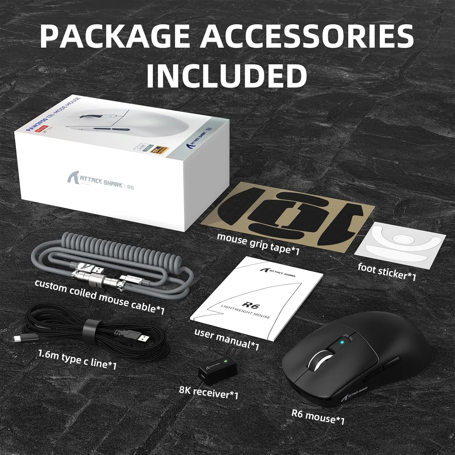 ATTACK SHARK R6PRO 39g Superlight Wireless Gaming Mouse,PixArt PAW3950MAX 42000 DPI,MCU Nodic 52840 Computer Mouse,8K Polling Rate Web Driver,BT/2.4Ghz/Wired Tri-Mode Mice with Coiled Cable-Black&Tape