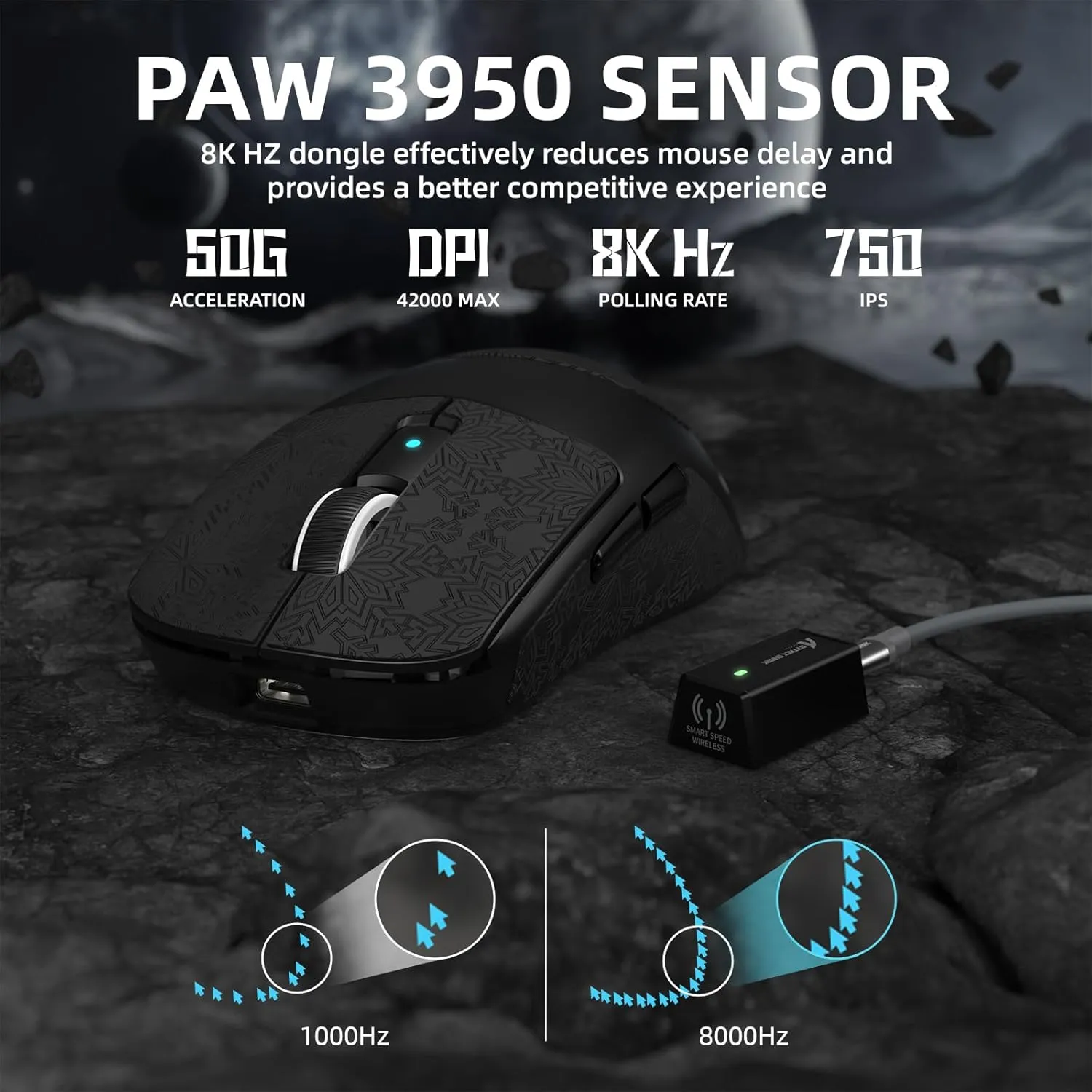 ATTACK SHARK R6PRO 39g Superlight Wireless Gaming Mouse,PixArt PAW3950MAX 42000 DPI,MCU Nodic 52840 Computer Mouse,8K Polling Rate Web Driver,BT/2.4Ghz/Wired Tri-Mode Mice with Coiled Cable-Black&Tape