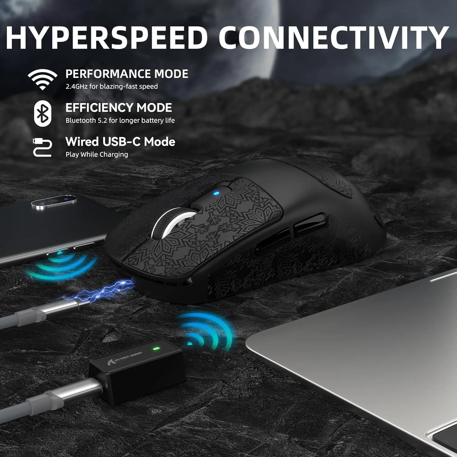 ATTACK SHARK R6PRO 39g Superlight Wireless Gaming Mouse,PixArt PAW3950MAX 42000 DPI,MCU Nodic 52840 Computer Mouse,8K Polling Rate Web Driver,BT/2.4Ghz/Wired Tri-Mode Mice with Coiled Cable-Black&Tape