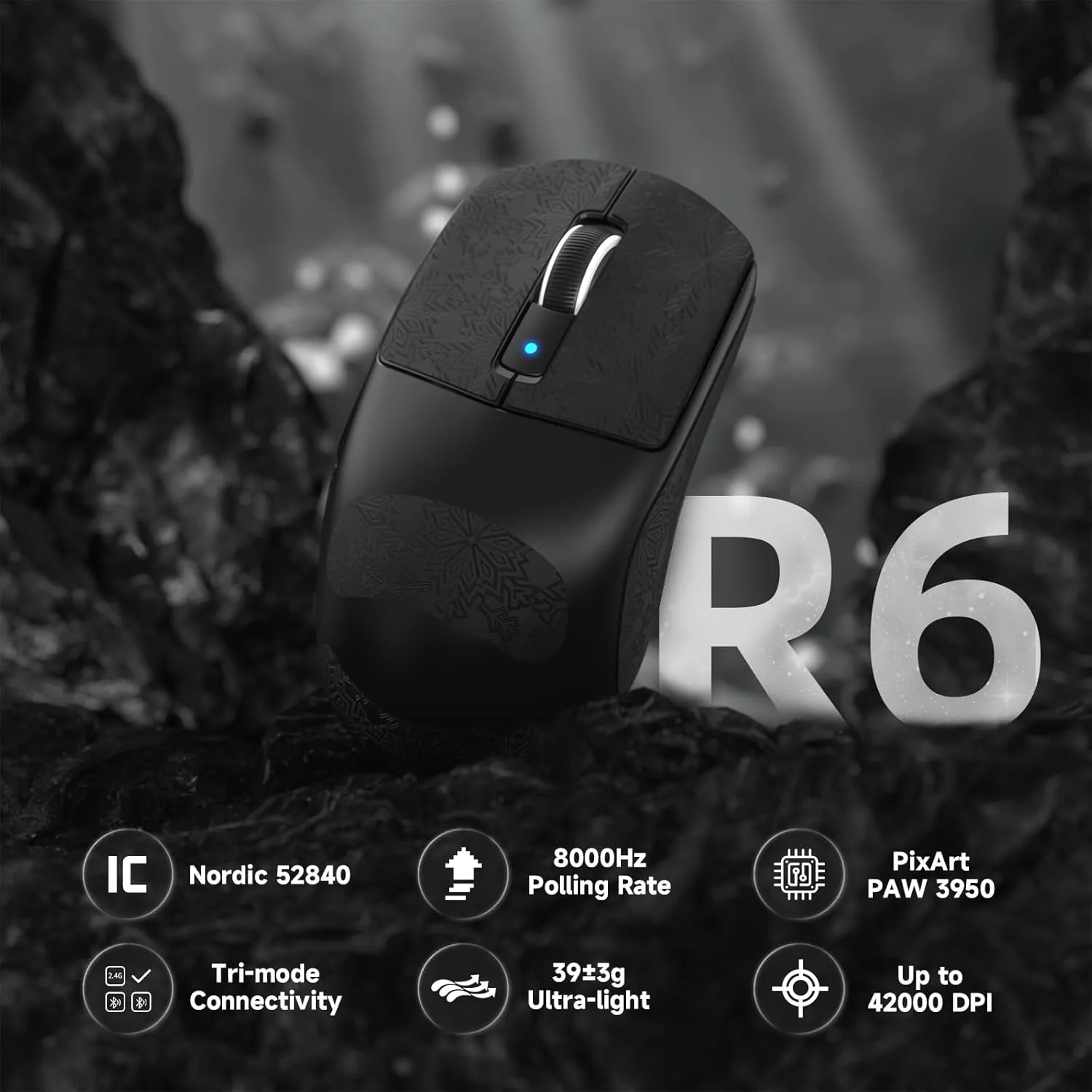 ATTACK SHARK R6PRO 39g Superlight Wireless Gaming Mouse,PixArt PAW3950MAX 42000 DPI,MCU Nodic 52840 Computer Mouse,8K Polling Rate Web Driver,BT/2.4Ghz/Wired Tri-Mode Mice with Coiled Cable-Black&Tape