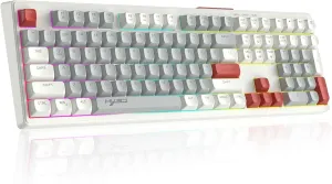 ATTACK SHARK Typewriter Keyboard with Full Size 108 Keys,Rainbow Light Up Pc Gaming Keyboards,Ergonomic Multimedia Wired Keyboard,Slilent Computer Keyboards for PC Laptop Desktop-Gray Red