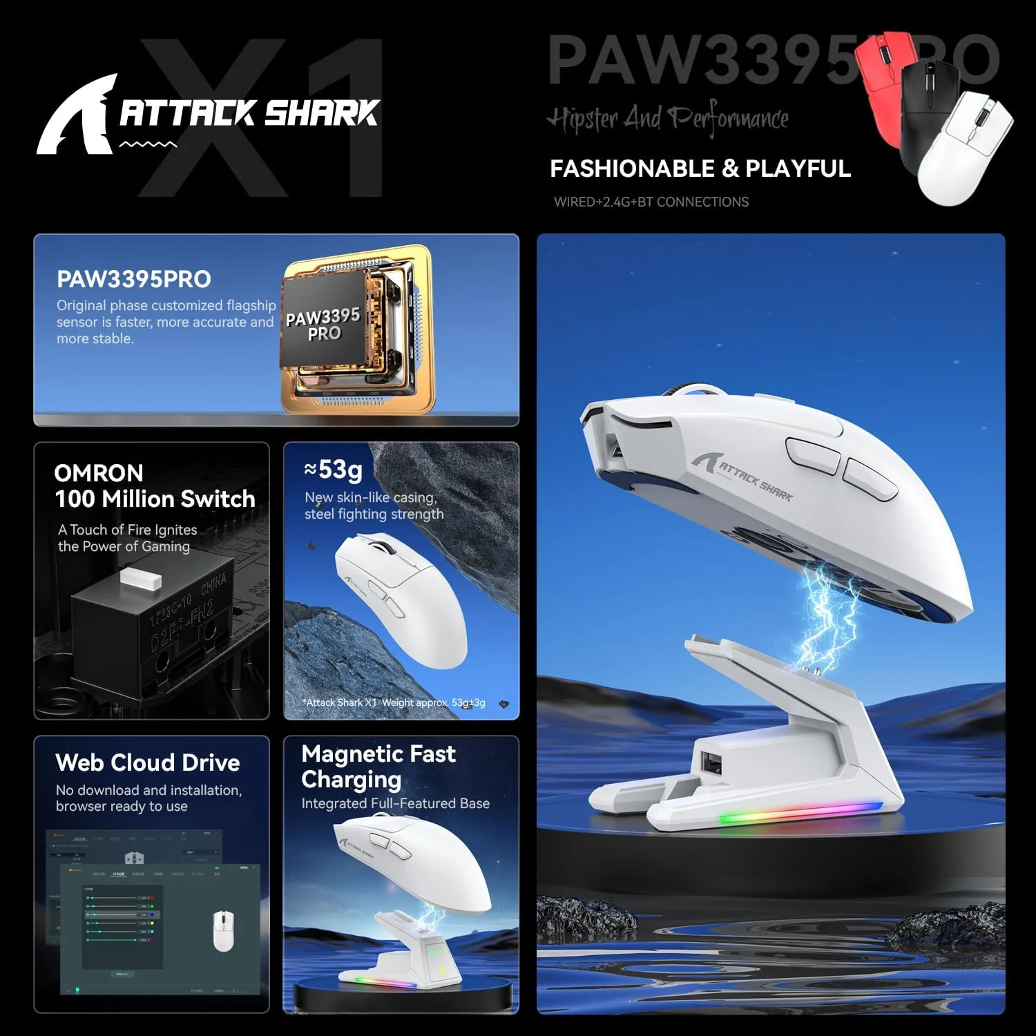 ATTACK SHARK X1 Wireless Gaming Mouse with RGB Charging Dock, PAW3395 PRO Sensor Up to 40K DPI,53g Ultra Light Tri-Mode Computer Mice,1KHz Polling Rate 5 Programmable Buttons for WIN/MAC-White