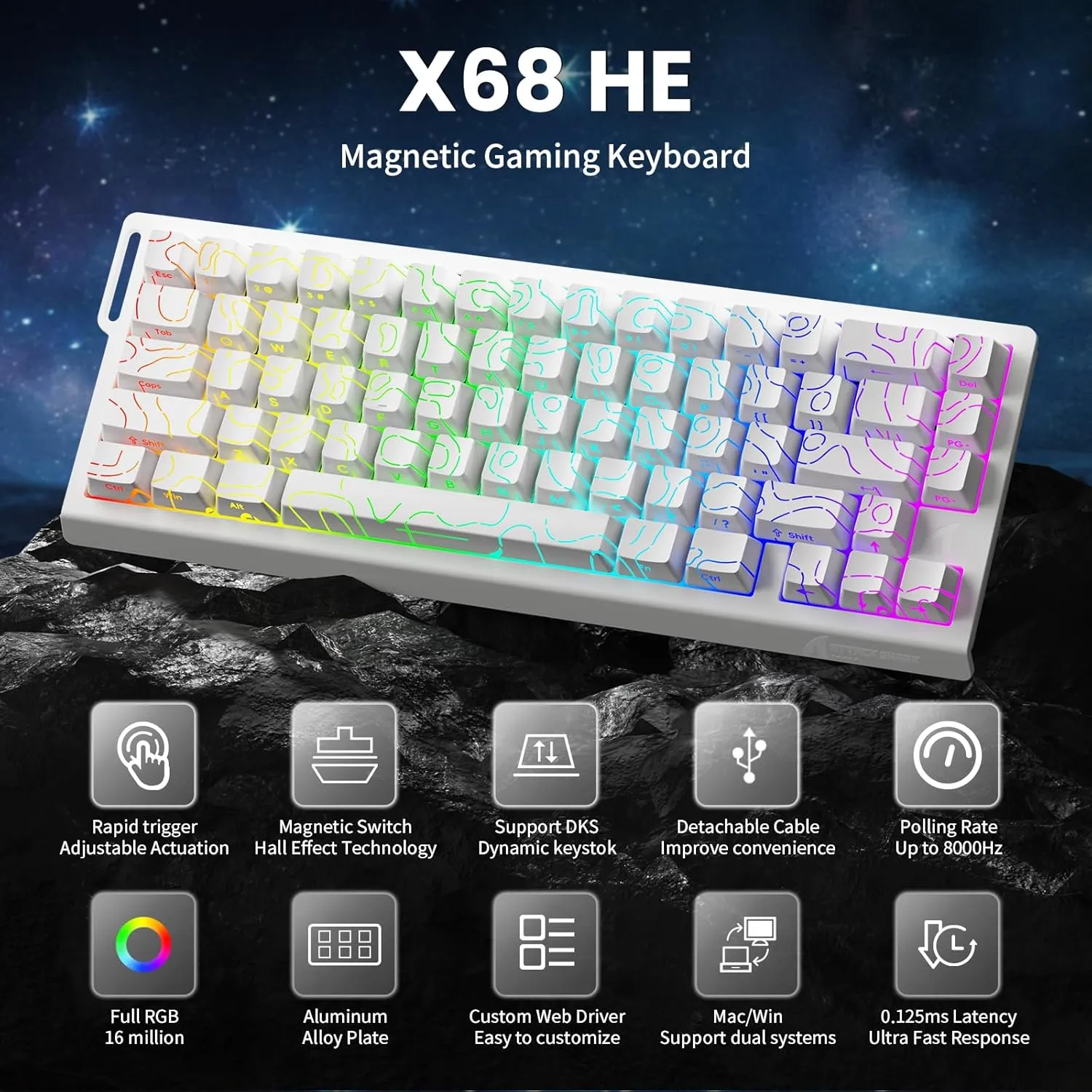 ATTACK SHARK X68 HE 8000Hz Rapid Trigger Keyboard, 0.01mm RT Accuracy Wired Gaming Keyboard with Magnetic Switch, Adjustable Actuation, Rapid Trigger, Snap Tap, RGB Lighting for PC/Mac, White Contours