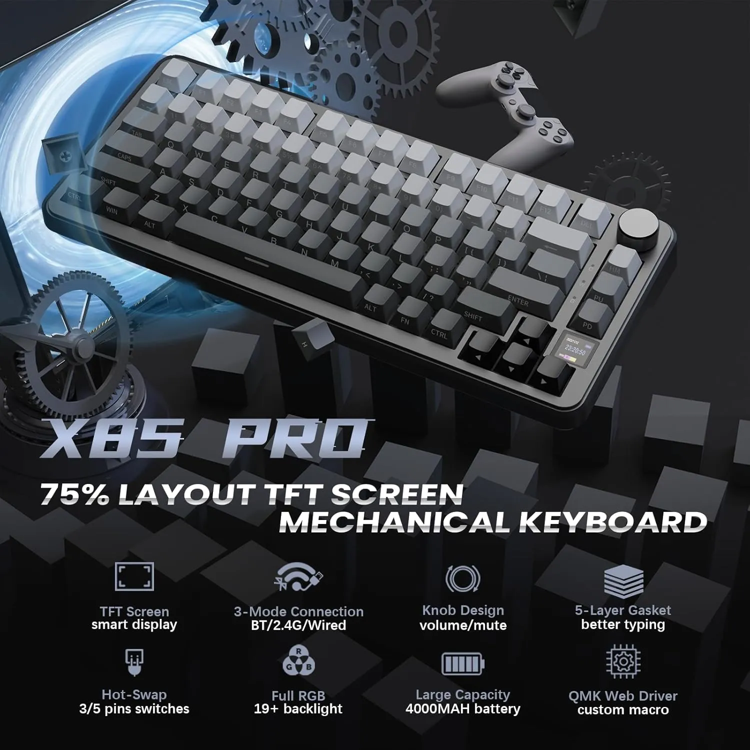 ATTACK SHARK X85 Pro Wireless Mechanical Gaming Keyboard with TFT Screen & Knob Hot-Swappable BT5.1/2.4Ghz/USB-C RGB Backlit Gasket Mount Gradient Side-Print PBT Keycaps for Win/PC/MAC-Moon Night