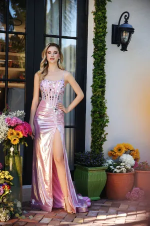 Ava Presley 40057 Size 2 Ice Pink Long Metallic Sheer Corset Prom Dress Mirror Pageant Gown Slit Ruched Gown