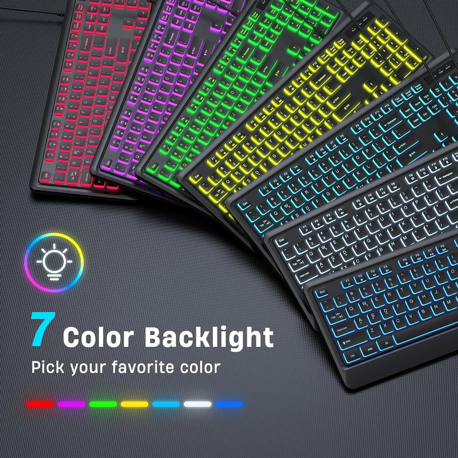 Backlit Computer Keyboards, Wired USB LED Keyboard with 7 Colors Backlight, Plug and Play, Waterproof, Full Size Quiet Computer Keyboard for Windows Desktop, PC, Laptop, Gaming