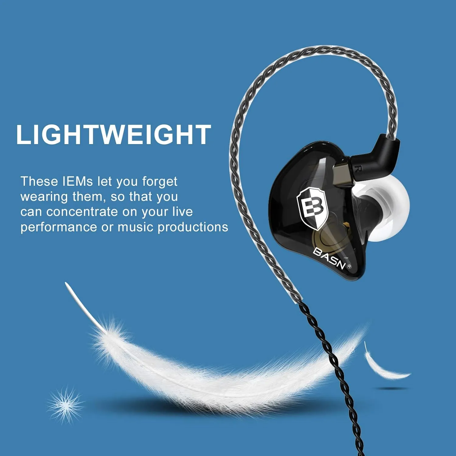 BASN Bsinger BC100 in Ear Monitor Headphones Universal Fit Noise Isolating IEM Earphones for Musicians Singers Studio Audiophiles (Black)