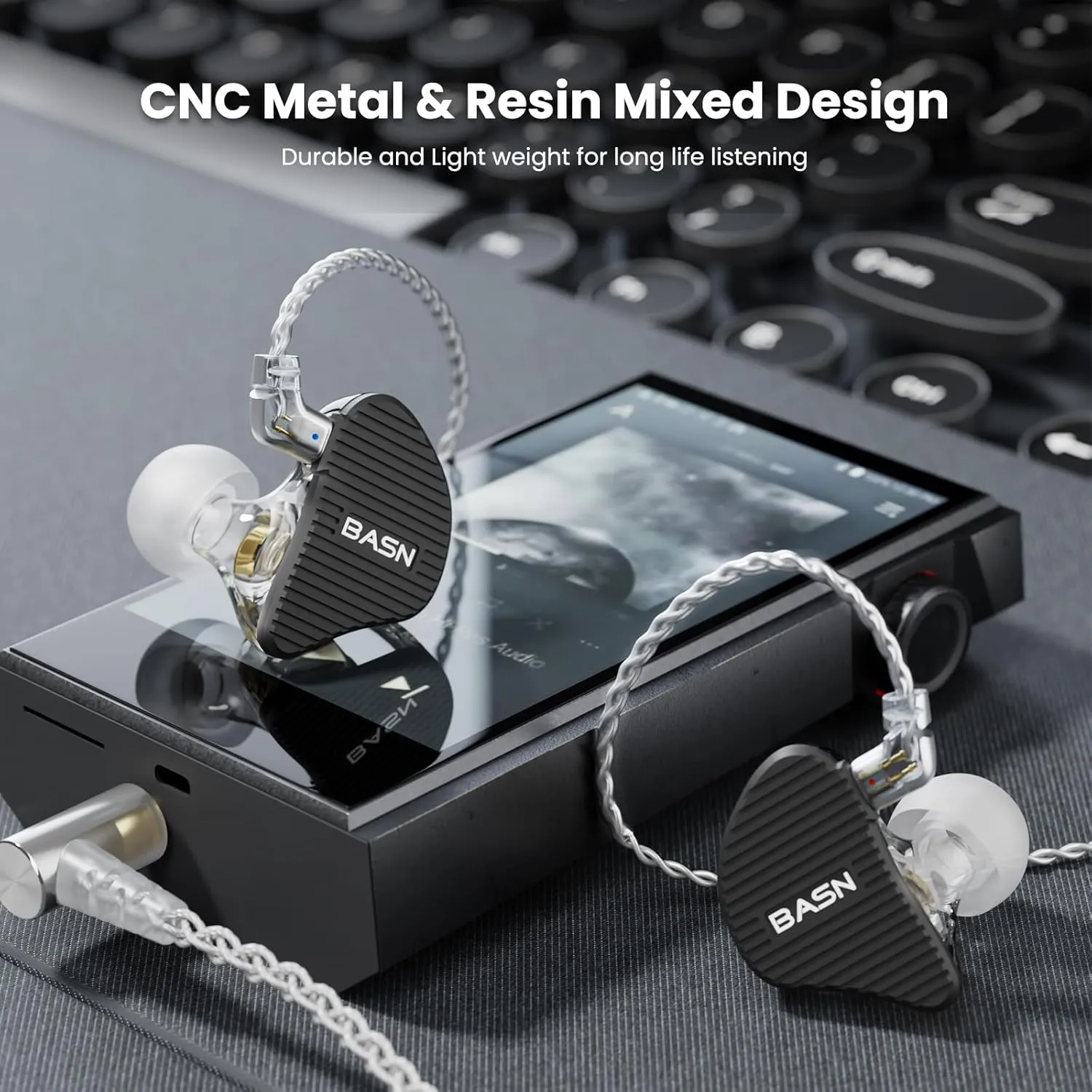 BASN Mix-PD in Ear Monitor,1Planar Driver   1Dynamic Driver HiFi IEM Earphones with CNC Crafted Metal Cover, Wired 0.78mm 2-Pin Silver Plated Detachable Cable for Musicians (Black)