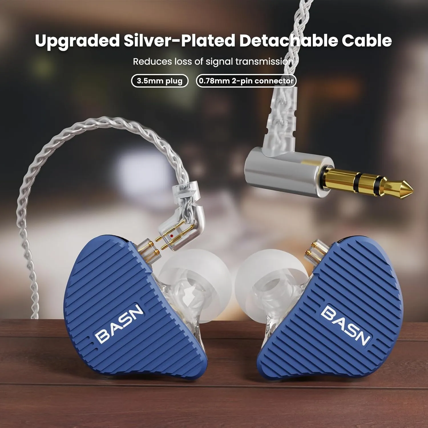 BASN Mix-PD in Ear Monitor,1Planar Driver   1Dynamic Driver HiFi IEM Earphones with CNC Crafted Metal Cover, Wired 0.78mm 2-Pin Silver Plated Detachable Cable for Musicians (Blue)