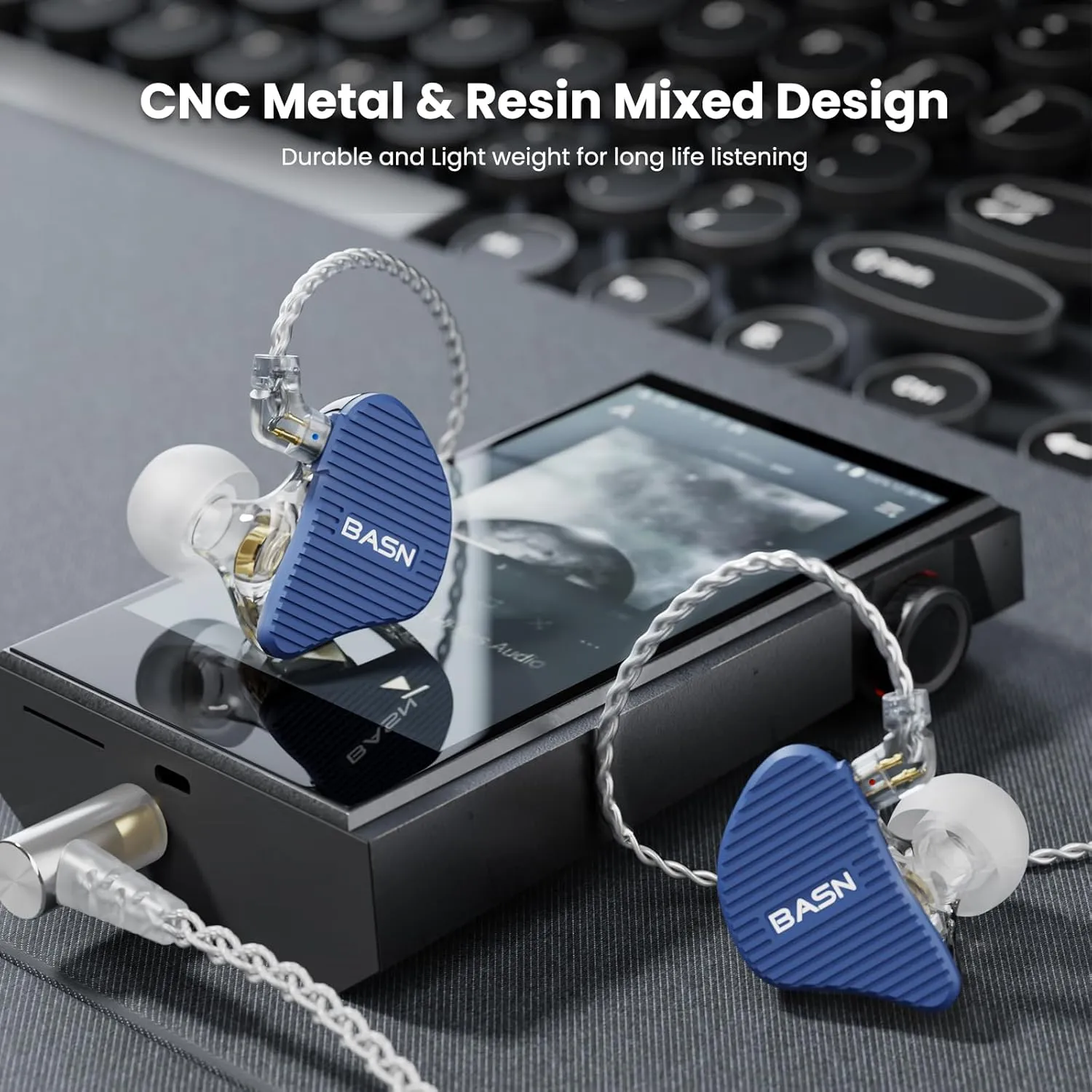 BASN Mix-PD in Ear Monitor,1Planar Driver   1Dynamic Driver HiFi IEM Earphones with CNC Crafted Metal Cover, Wired 0.78mm 2-Pin Silver Plated Detachable Cable for Musicians (Blue)