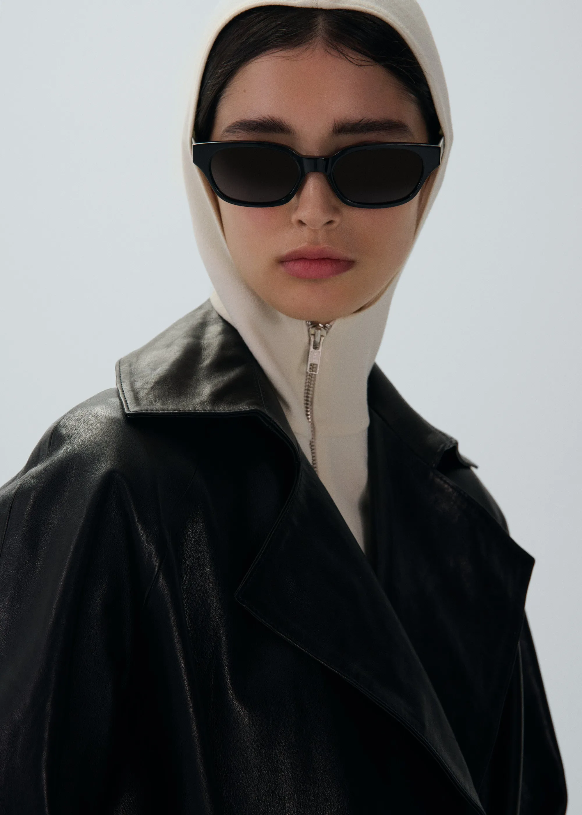 Belted leather wrap coat in black