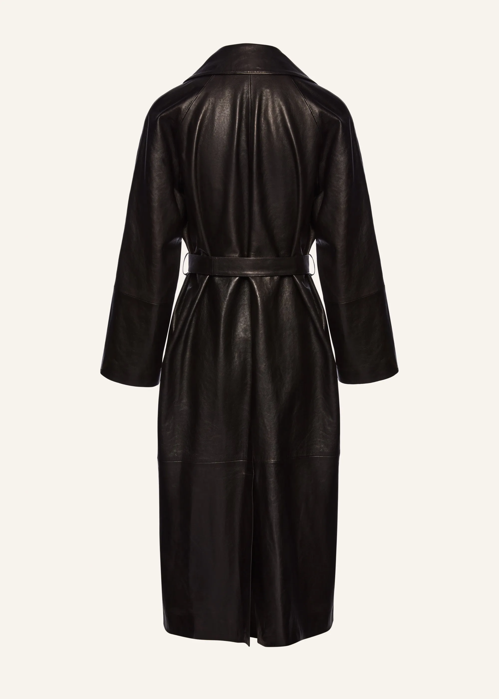 Belted leather wrap coat in black