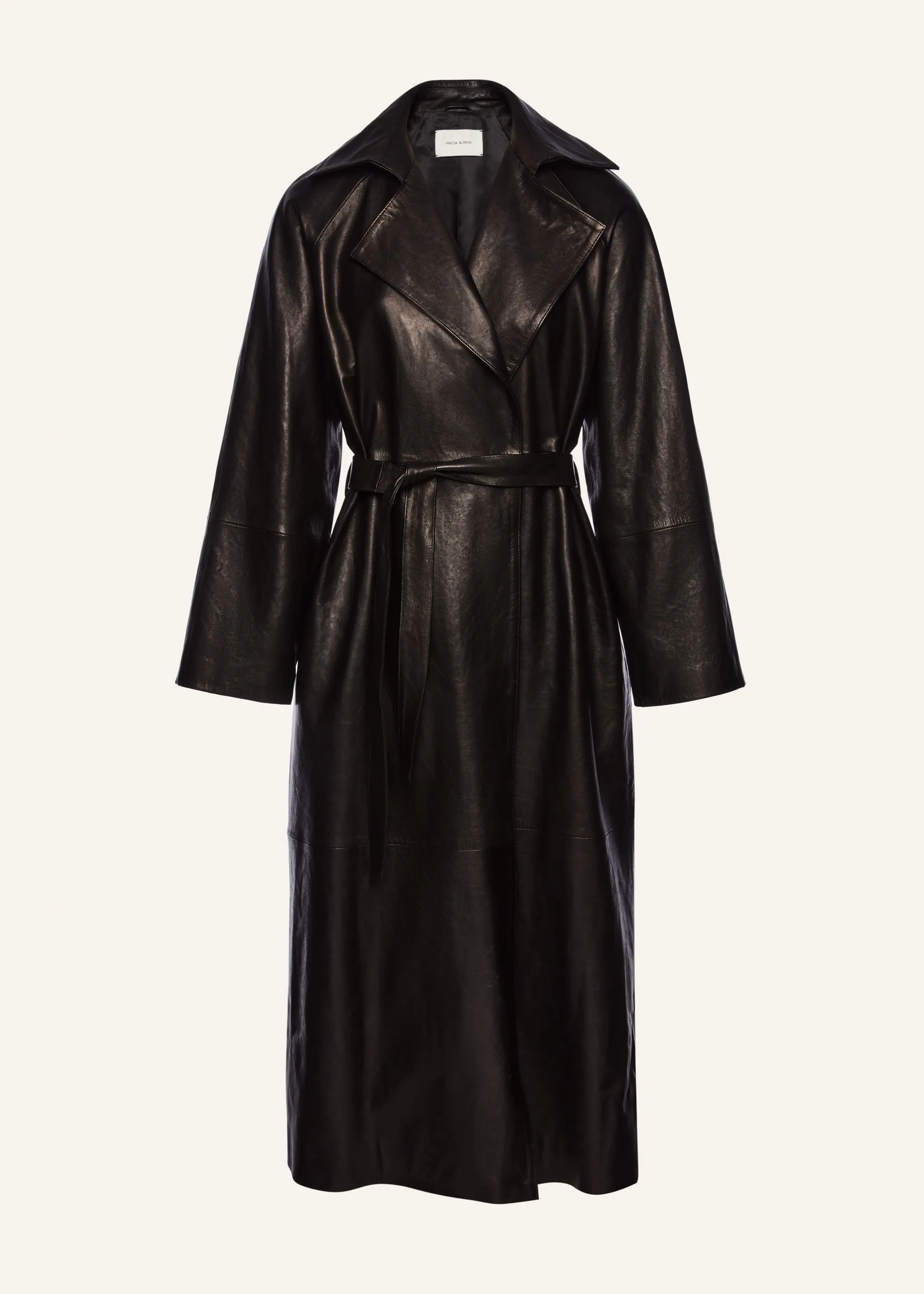 Belted leather wrap coat in black