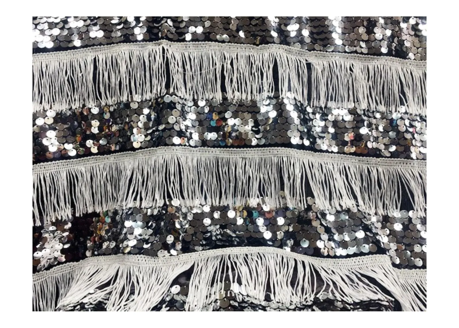 Black With White Fringing - Silver Sequinned Fabric