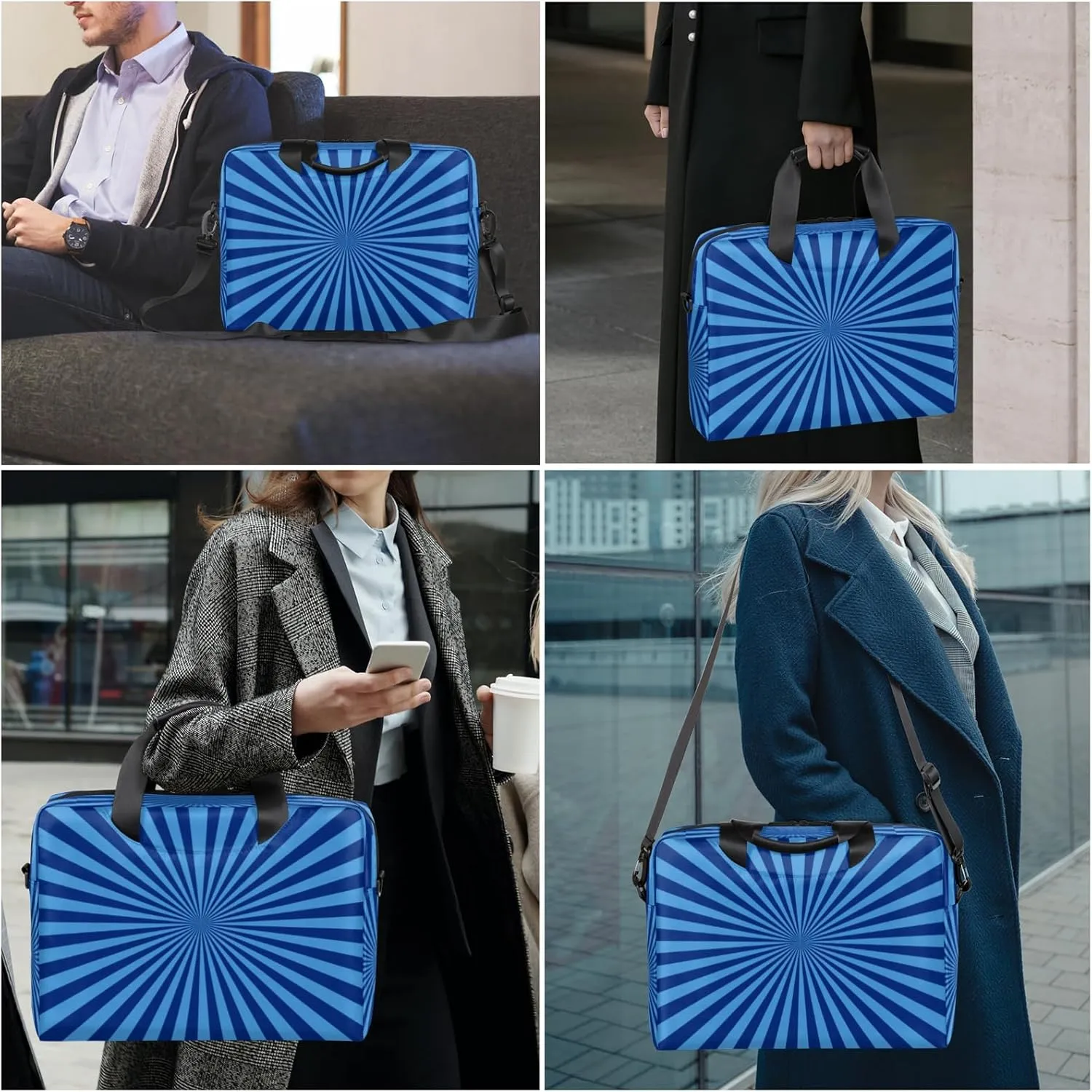 Blue Striped Laptop Sleeve Case 14 15 15.6 inch, Blue Striped Laptop Briefcase Shoulder Bag Waterproof Travel Computer Cover Carrying Bags