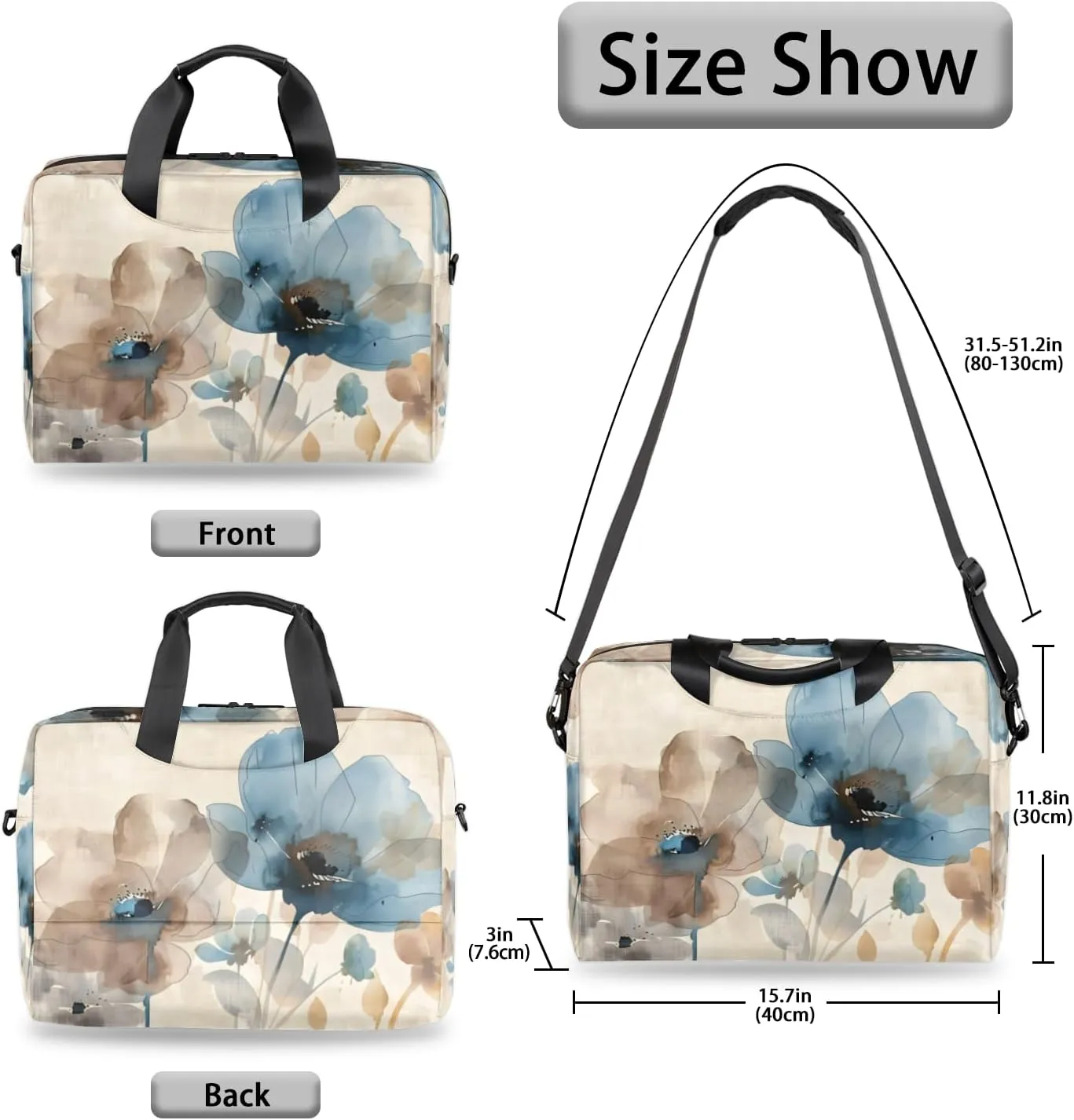 Brown Poppy Floral Laptop Sleeve Case 14 15 15.6 inch, Brown Poppy Floral Laptop Briefcase Shoulder Bag Waterproof Travel Computer Cover Carrying Bags