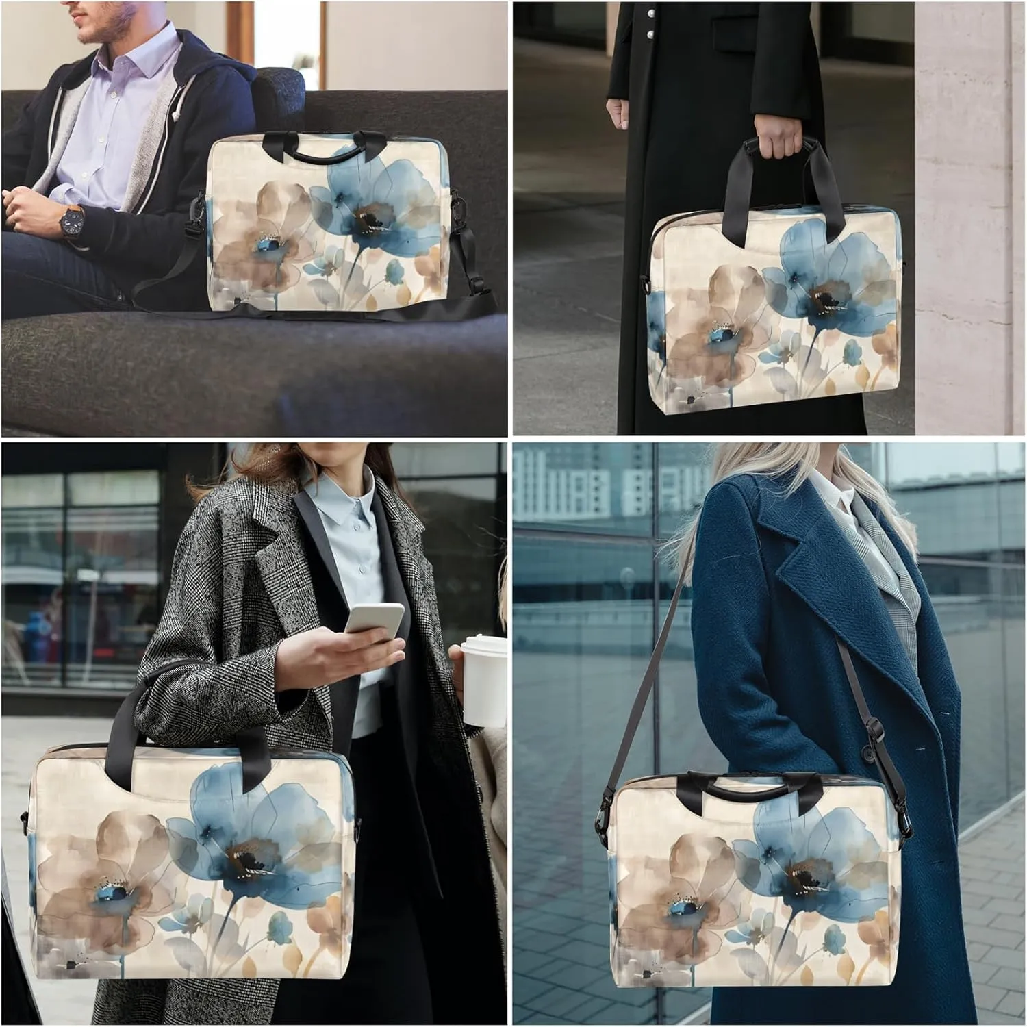 Brown Poppy Floral Laptop Sleeve Case 14 15 15.6 inch, Brown Poppy Floral Laptop Briefcase Shoulder Bag Waterproof Travel Computer Cover Carrying Bags