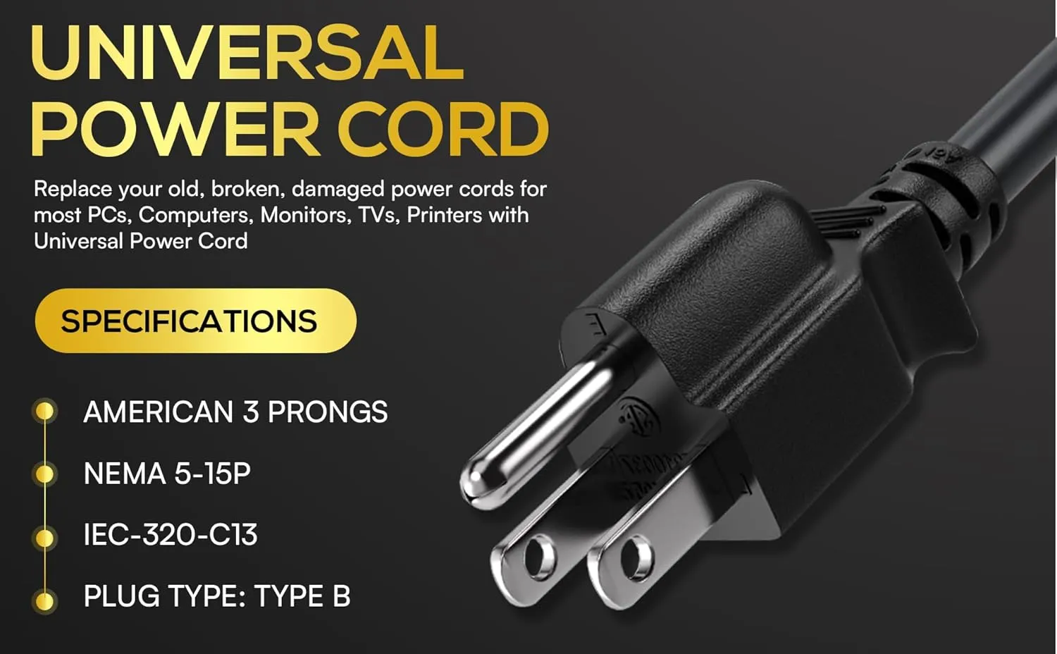 CableLeader 6ft 14 AWG Universal Power Cord IEC320 C13 to NEMA 5-15P, Extension Power Cord, Compatible with Computers, Monitors, Printers & TVs, Black, Pack of 1