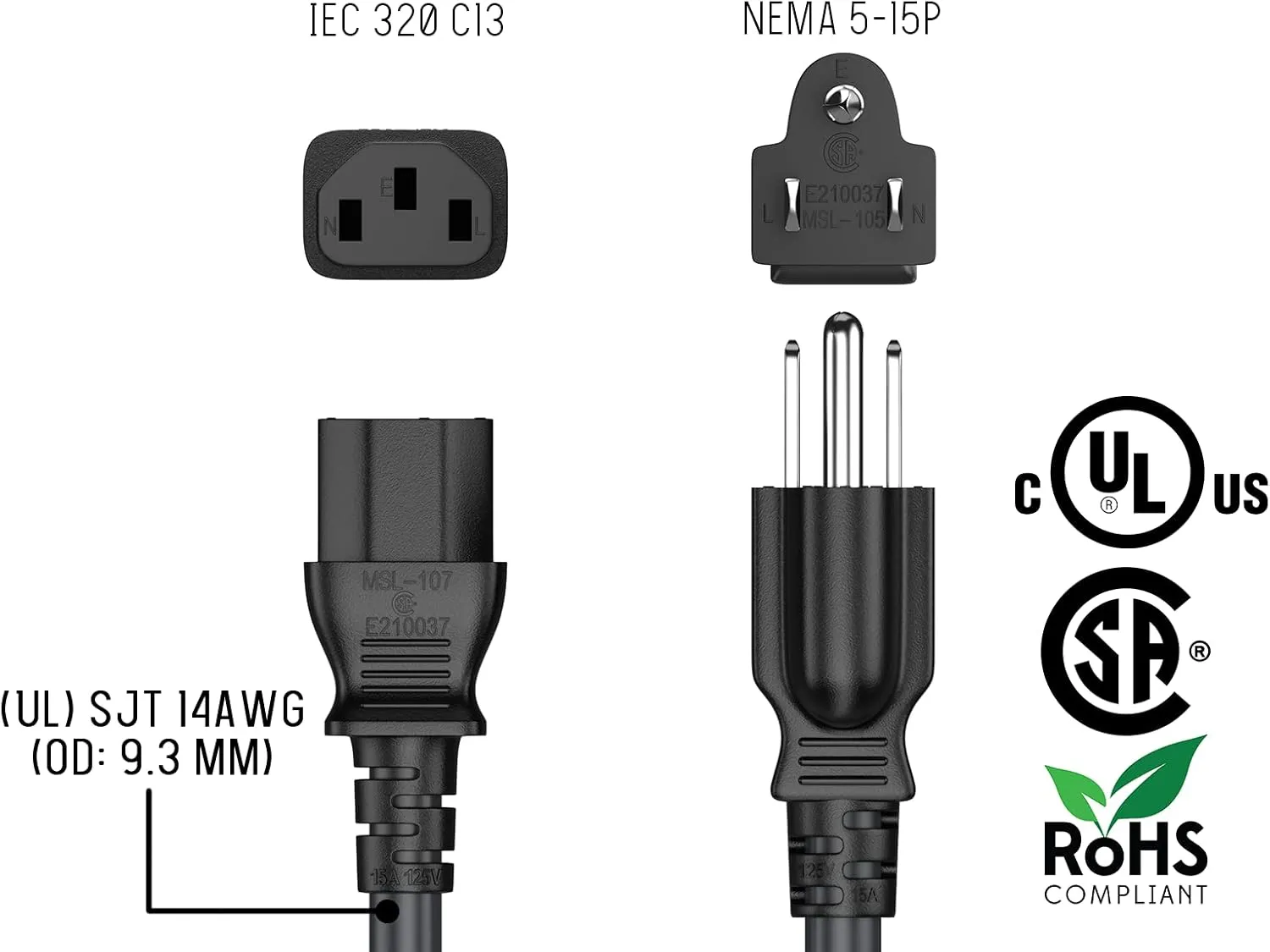 CableLeader 6ft 14 AWG Universal Power Cord IEC320 C13 to NEMA 5-15P, Extension Power Cord, Compatible with Computers, Monitors, Printers & TVs, Black, Pack of 1