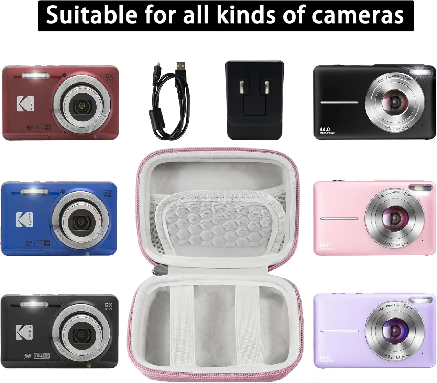 Camera Carrying Case for KODAK PIXPRO FZ55 /FZ45 16MP Digital Camera, For CAMKORY Digital Point and Shoot camera,Vlogging Camera Storage Holder Trave Bag,Hard Shell Camera Case,Pink