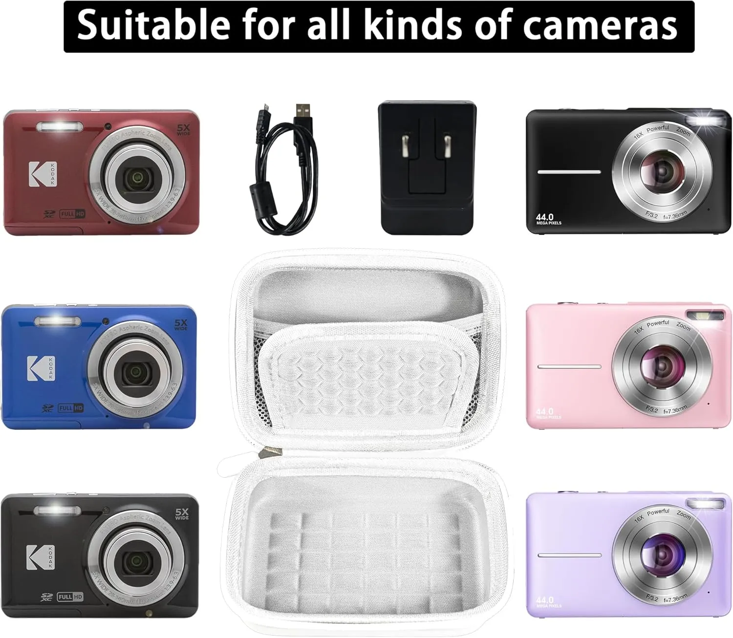 Camera Carrying Case for KODAK PIXPRO FZ55 /FZ45 16MP Digital Camera, For CAMKORY Digital Point and Shoot camera,Vlogging Camera Storage Holder Trave Bag,Hard Shell Camera Case,White