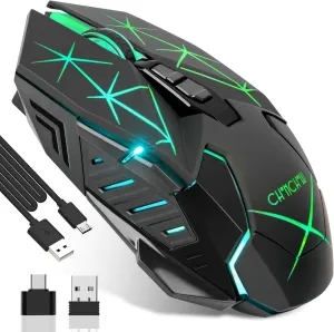 CHONCHOW Rechargeable Wireless Gaming Mouse, Colorful LED Lights, 7 Buttons, USB C, Up to 3200 DPI, 2.4Ghz Cordless Computer Gamer Mice with Side Buttons for PC Laptop Mac Chromebook Windows, Black