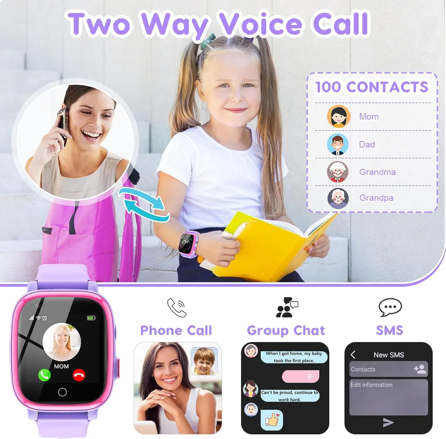 cjc 4G Smart Watch for Kids with GPS Tracker, Texting and Calling, Kids Watch for Ages 4-12 - Includes 2 Way Call, Video Call, Chat, SOS Alerts, App - Fun & Educational Birthday Gift Idea (Purple)