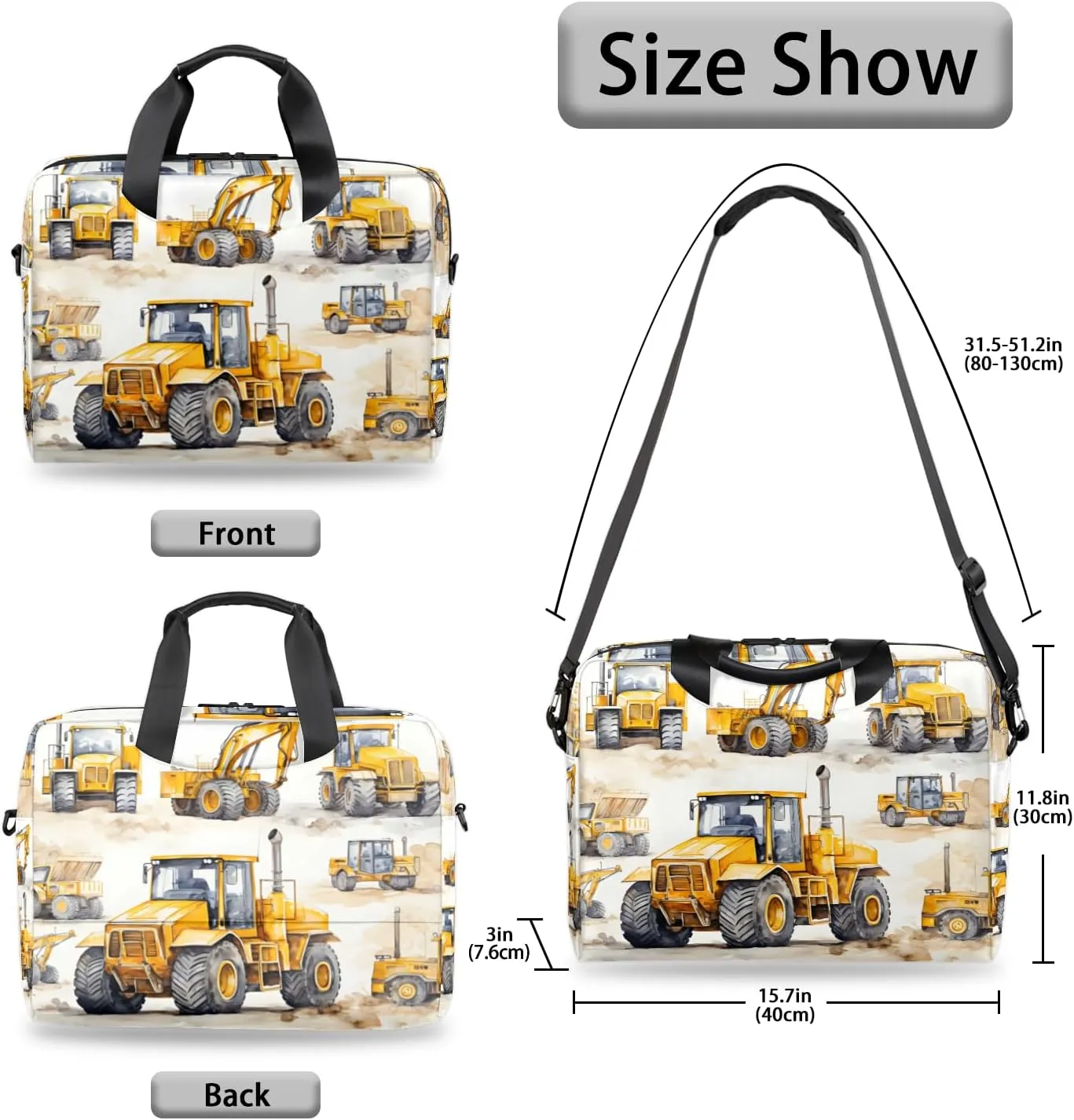 Construction Truck Excavator Laptop Bag 15.6 Inch Waterproof Laptop Sleeve Case with Shoulder Straps Computer Case Cover Slim Briefcase for Men and Women