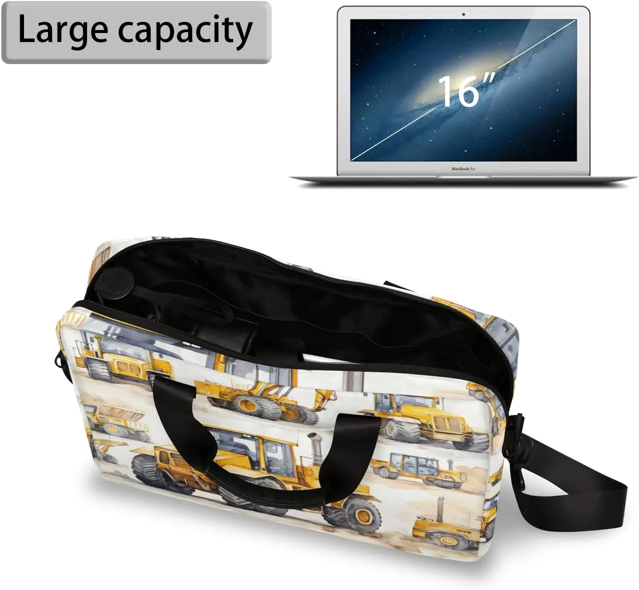 Construction Truck Excavator Laptop Bag 15.6 Inch Waterproof Laptop Sleeve Case with Shoulder Straps Computer Case Cover Slim Briefcase for Men and Women