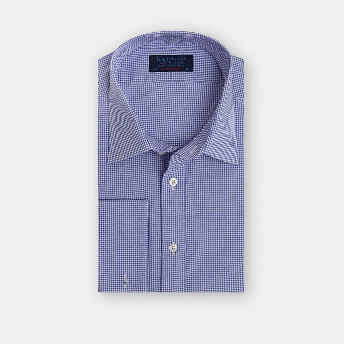 Contemporary Fit, Classic Collar, Double Cuff in Blue Gingham Check