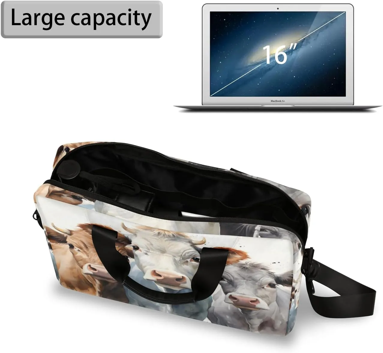 Cow Animals Laptop Bag 15.6 Inch Waterproof Laptop Sleeve Case with Shoulder Straps Computer Case Cover Slim Briefcase for Men and Women