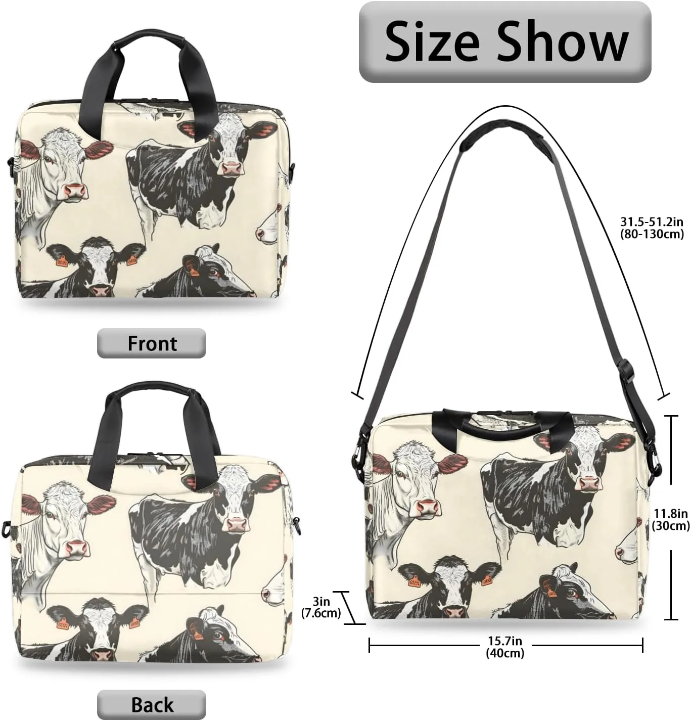 Cow Funny Animals Laptop Bag 15.6 Inch Waterproof Laptop Sleeve Case with Shoulder Straps Computer Case Cover Slim Briefcase for Men and Women