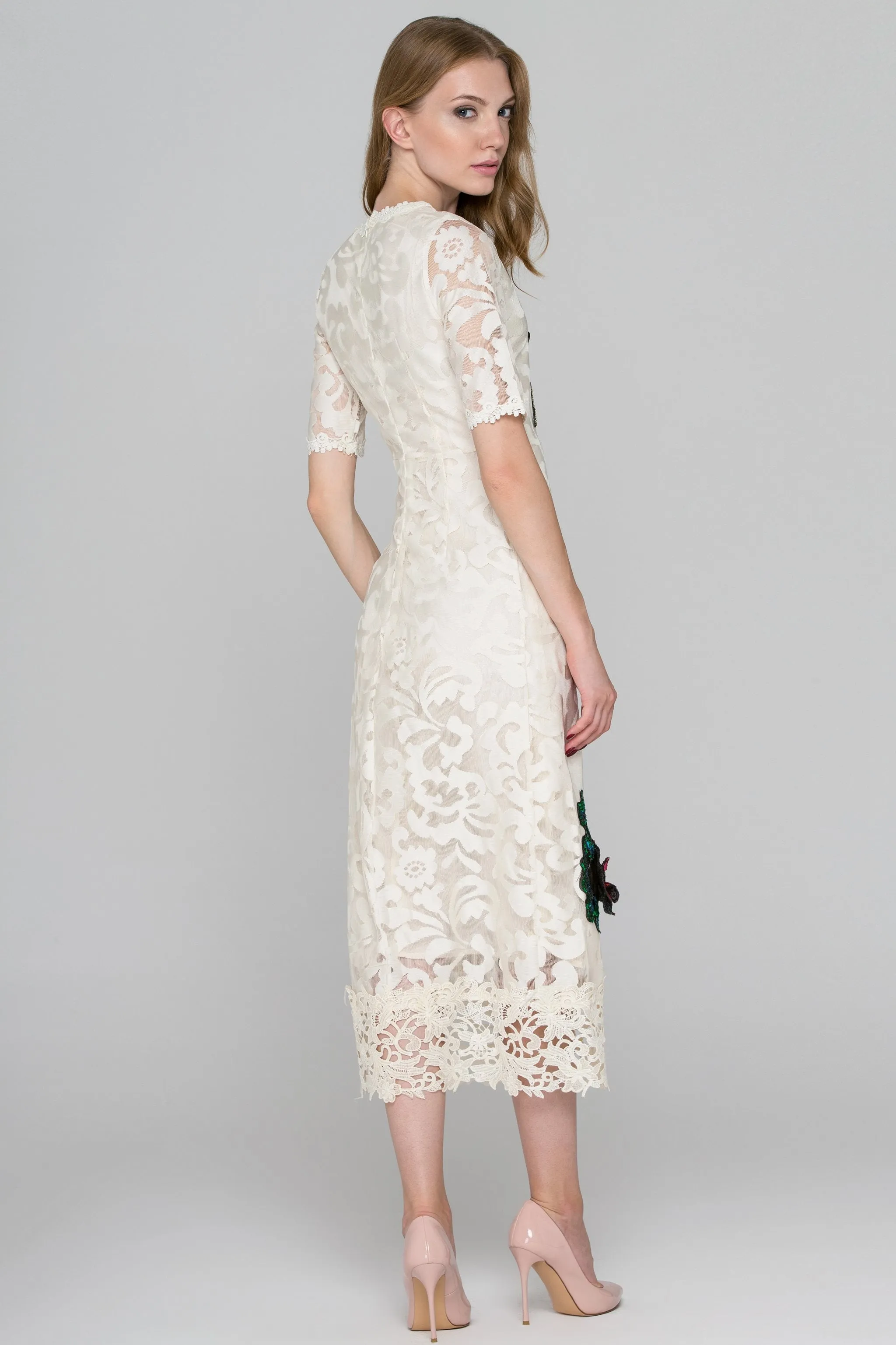 Cream Lace Sequined Flower Patch Maxi Dress