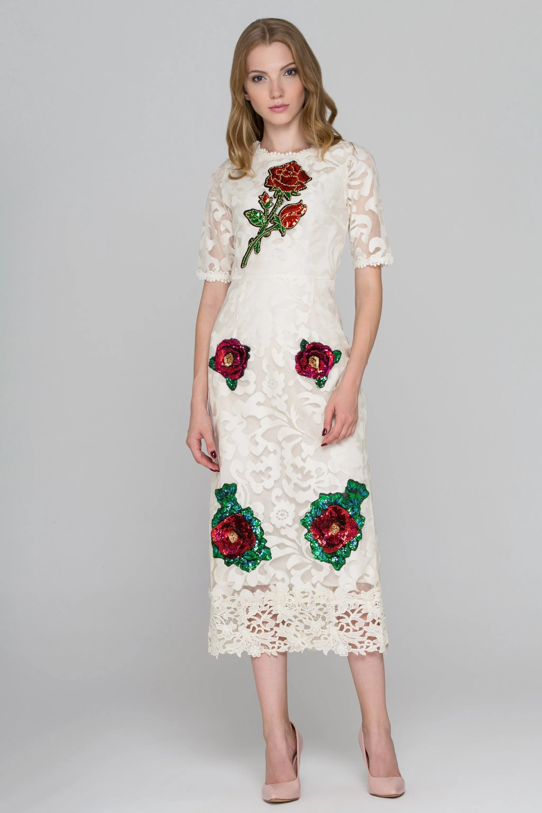 Cream Lace Sequined Flower Patch Maxi Dress