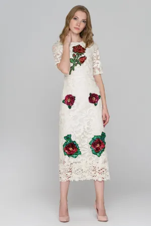Cream Lace Sequined Flower Patch Maxi Dress
